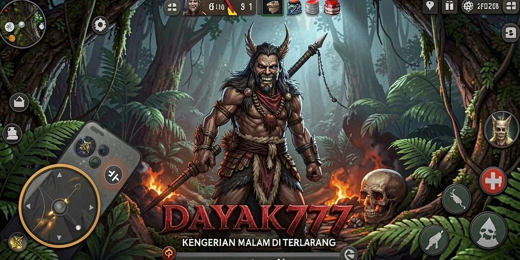 Tampilan gameplay menegangkan dari DAYAK777 dengan efek suara menyeramkan.