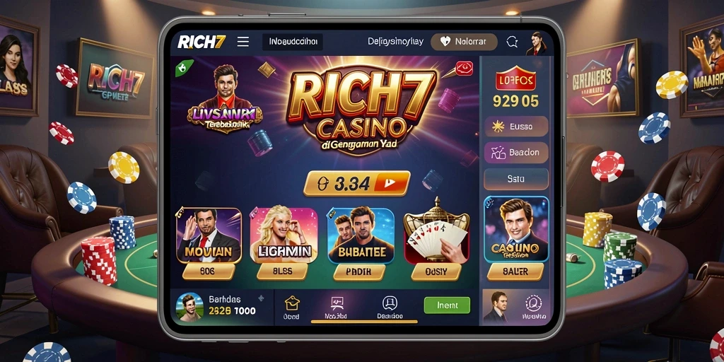 Screenshot permainan Live Casino RICH7 yang menampilkan dealer dan meja permainan.